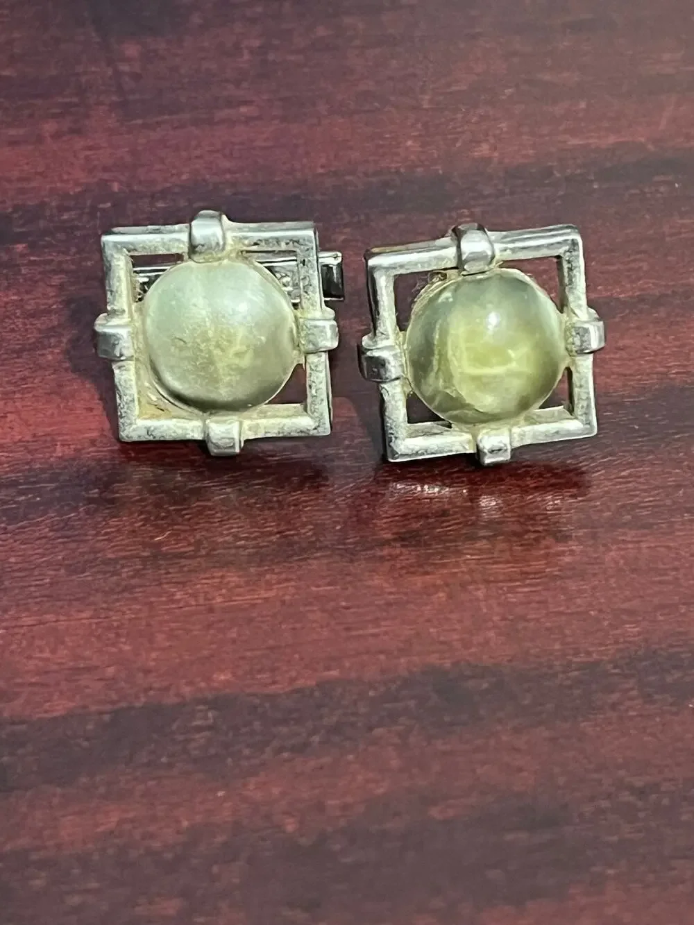 VTG MCM Brutalist Silver Tone Cufflinks Olive Gray Cabachon Whimsygoth Goth